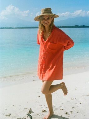 New ROVE The Summer Shirt Dress in Coral Linen Size Small